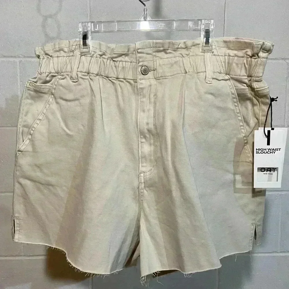 OAT New York High Waist Slouchy Denim Shorts XL Beige Elastic Waist Raw Hem‎ NWT